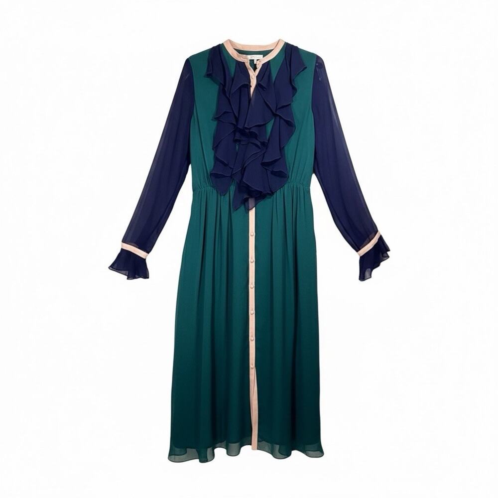 Boden Icons Winifred Silk Ruffle Midi Dress Colorblock Green Navy Pink Size US 4